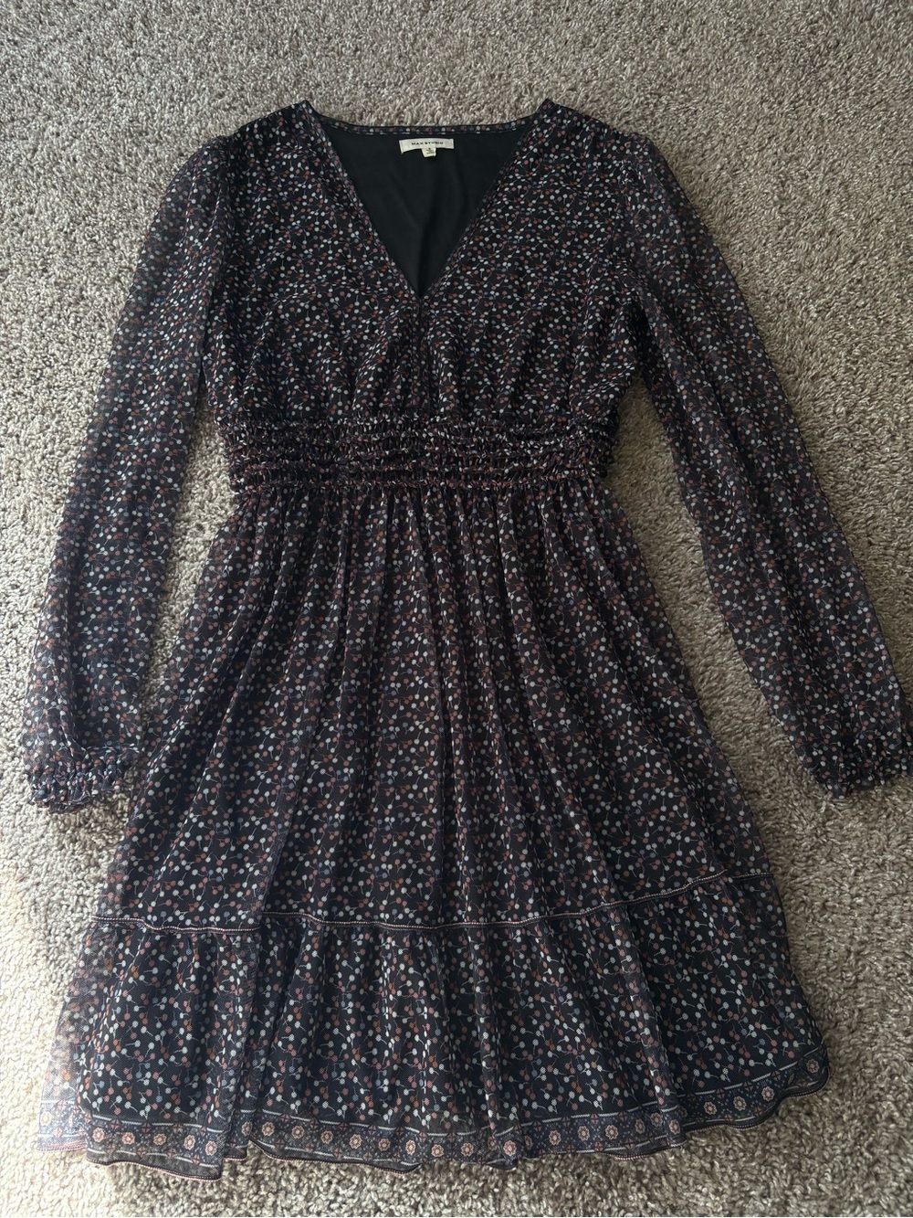 Max Studio Black Floral Long-Sleeve Smocked Waist Dress